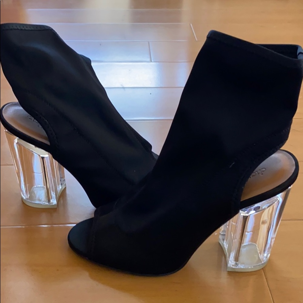 Black open toe booties with clear heels